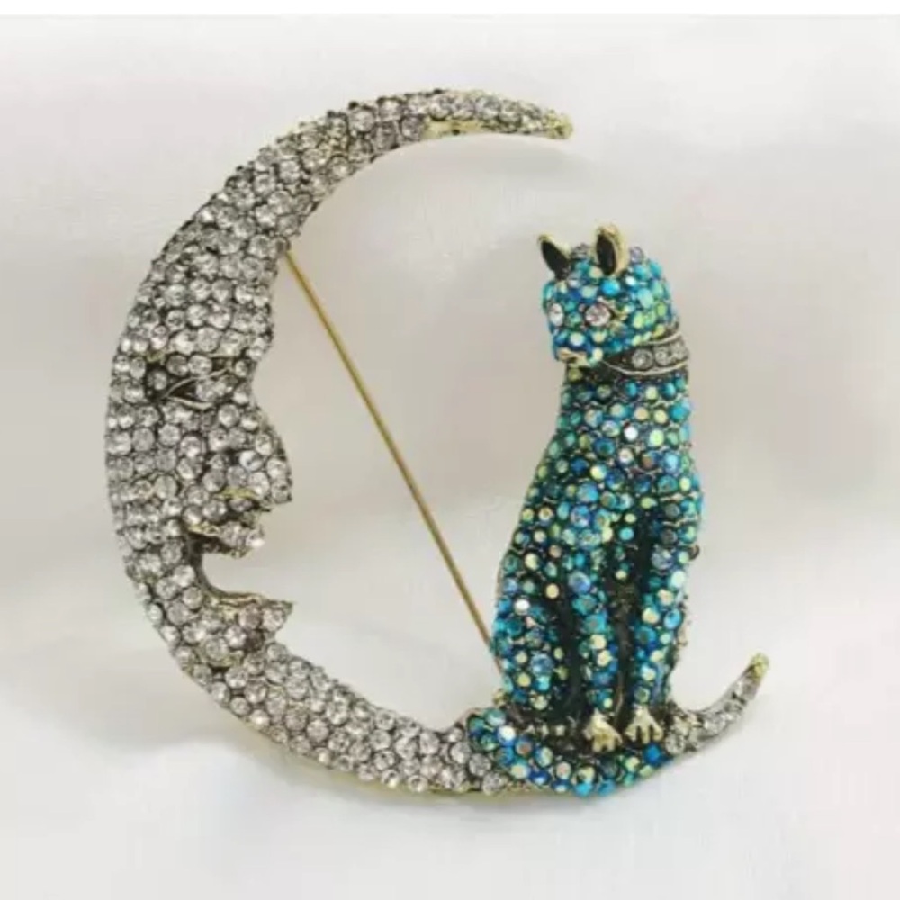 Kitty Cat on the Moon Luxury Brooch, Lapel, Silver & Blue Sparkling Rhinestones